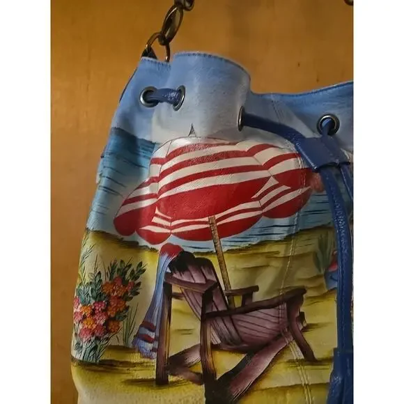 Anna by Anuschka Leather Beach 13x10.5 Crossbody Handbag Hand Painted - Picture 2 of 10